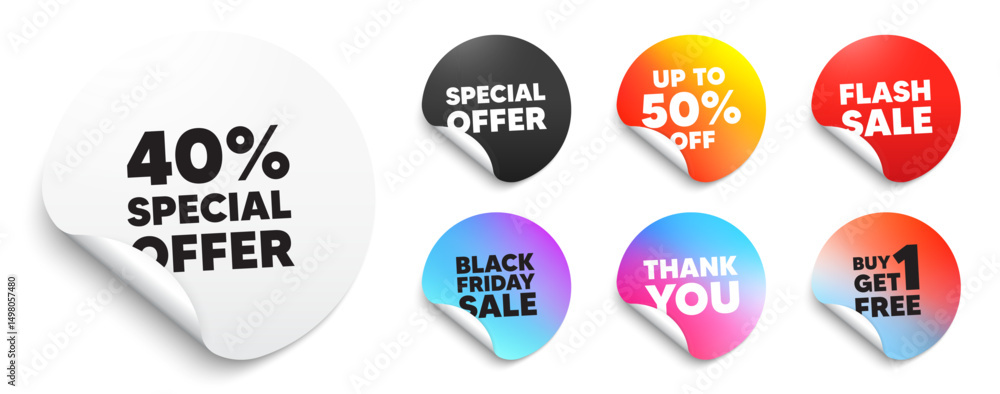 Discount sticker tag. Special offer paper price tags. 40 percent discount offer tag. Sale price promo sign. Special offer symbol. Discount, black friday sticker. Promo banner. Vector