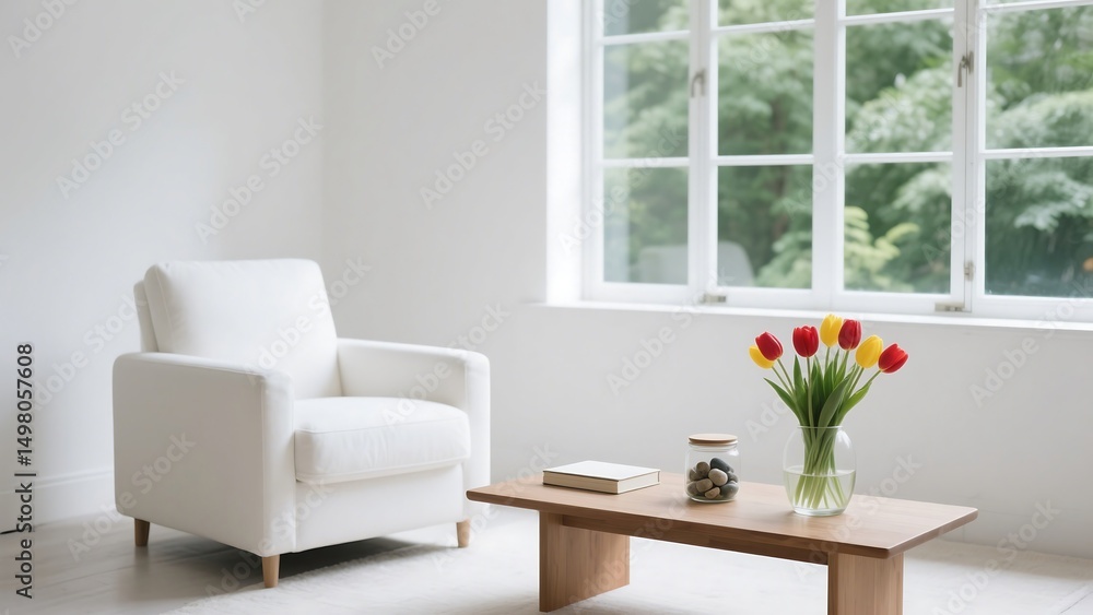 Naklejka premium Minimalist living room interior with comfortable white armchair and fresh tulips by the window