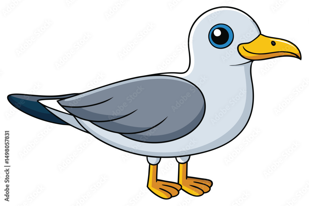 Fototapeta premium Cartoon Seagull Illustration Gray and White Bird with Yellow Beak and Feet