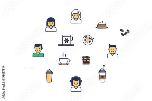 Icons representing coffee culture with customers beverages and coffee shop illustrations