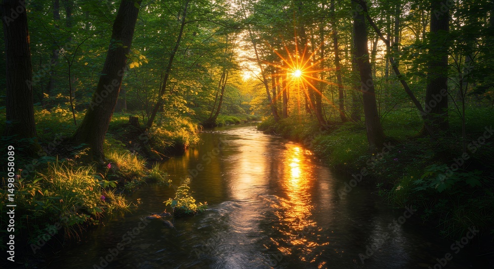 Obraz premium River Flowing Through a Forest at Sunset