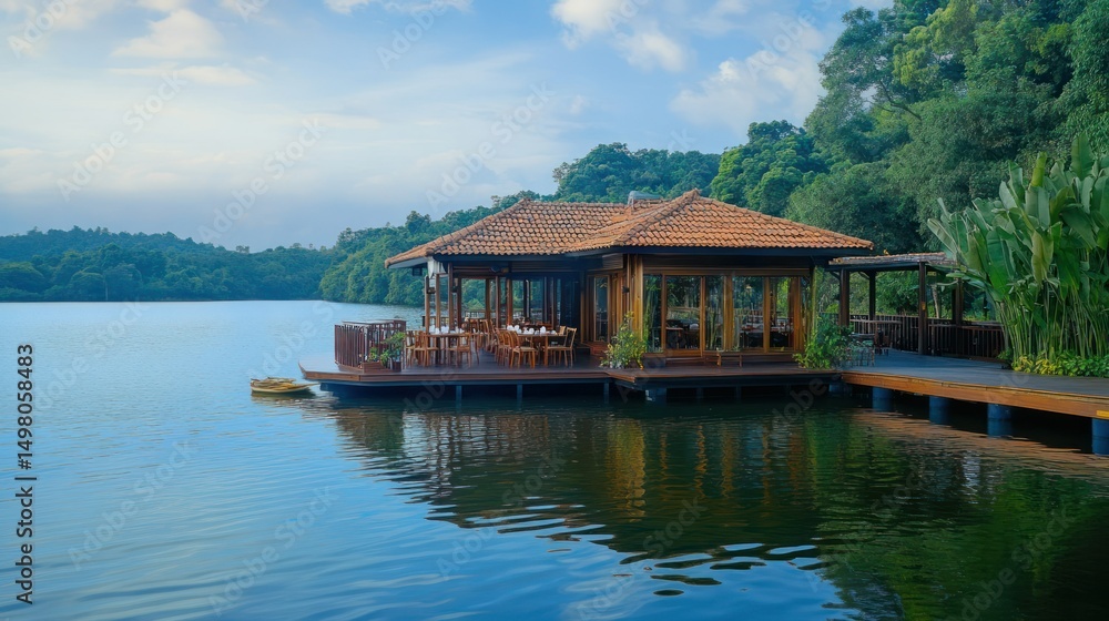 Fototapeta premium A serene lakeside pavilion with wooden accents and natural surroundings.