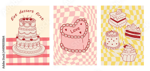 Set of hand drawn vintage birthday posters with cakes on checkered background. Whimsical vector treats. Hand drawn cakes. Sweet coquette style. Contemporary art  illustrations. 