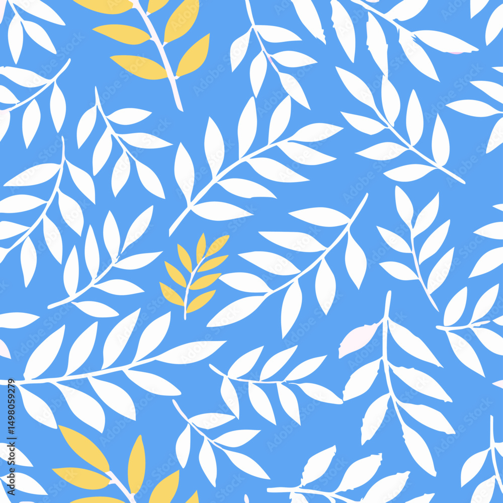 Seamless Pattern: White and Gold Leaves on Blue Seamless Pattern: White and Gold Leaves on Blue