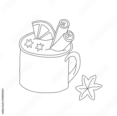 Outline of  mug with mulled wine, orange, cinnamon, cloves, cardamom. Vector illustration on a white background