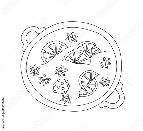 Outline of pot with mulled wine, oranges, cinnamon, cardamom. Vector illustration on a white background