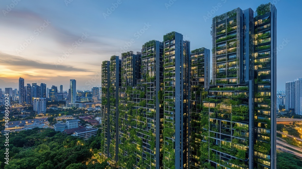 Obraz premium Vertical greenery urban development at dusk
