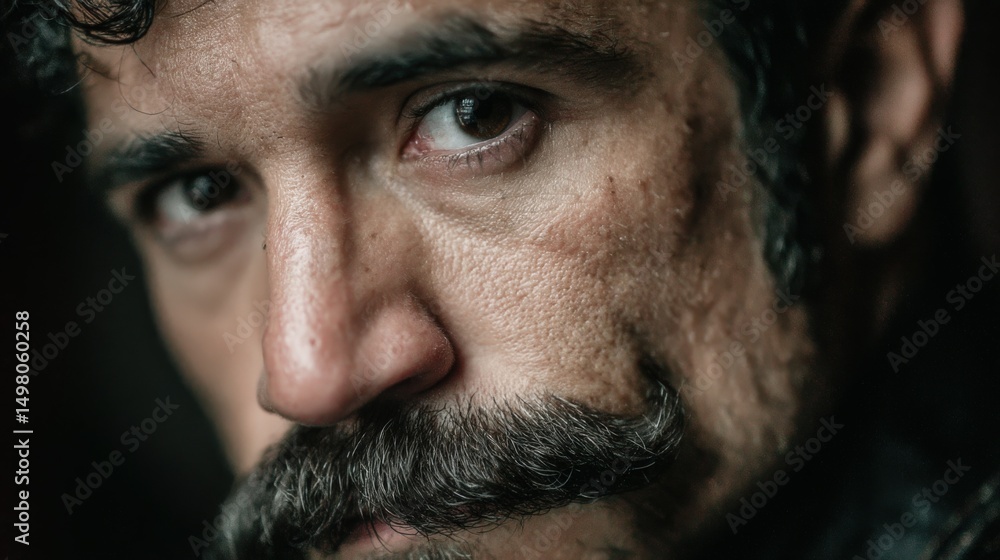 Obraz premium Man with a well-groomed handlebar mustache poses in a stylish close-up portrait