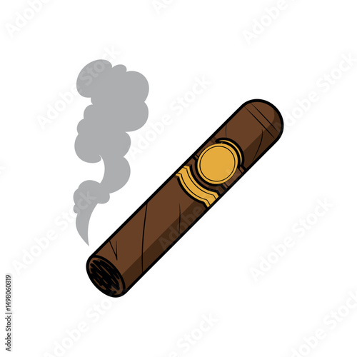 Cartoon Illustration of a Lit Cigar with Smoke Isolated on White Background