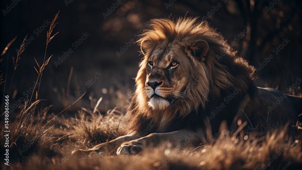 Fototapeta premium Majestic Lion in Sunlit Savanna