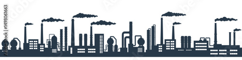 Industrial factories silhouette border. Industrial landscape. Oil refinery complex with pipes and tanks gas production rigs. 
