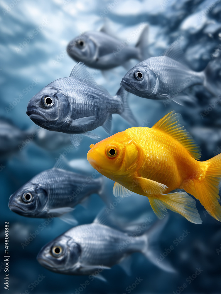 Fototapeta premium Vibrant Fish goldfish Swimming among blue fish