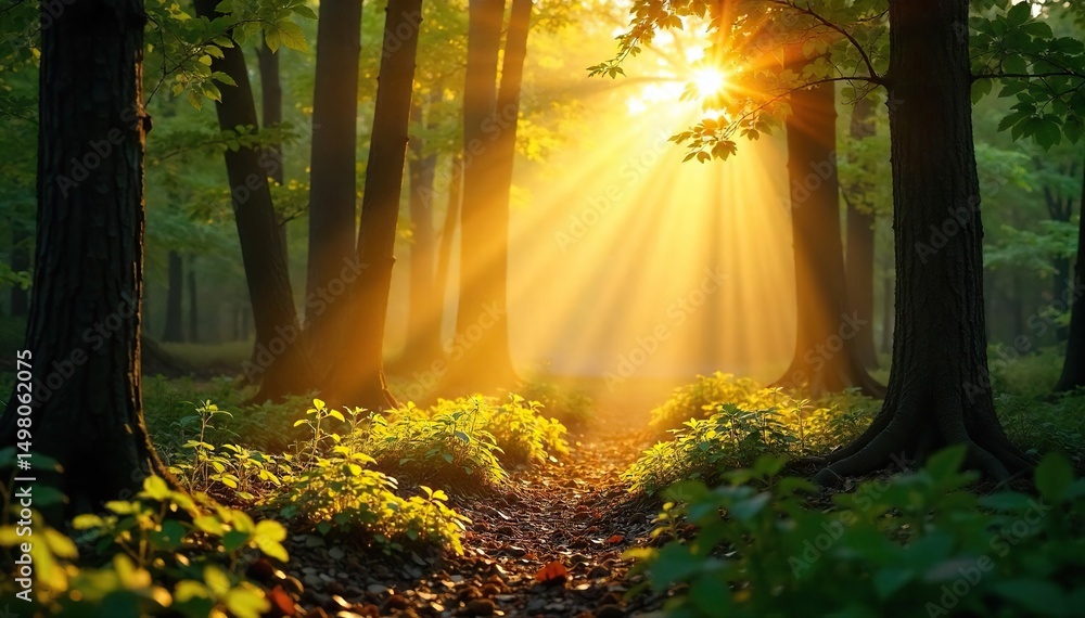 Obraz premium Golden hour sunlight streams through leaves, illuminating a forest floor with a warm, ethereal glow Perfect for nature, serenity, and peaceful themes , tranquility, organic, serene