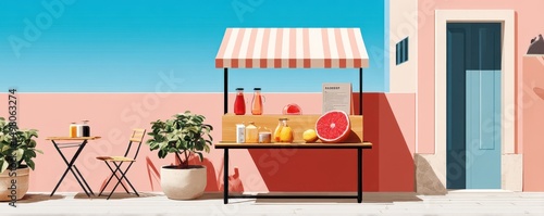 Minimalist lemonade stand with vibrant colors and fresh citrus fruits outdoors