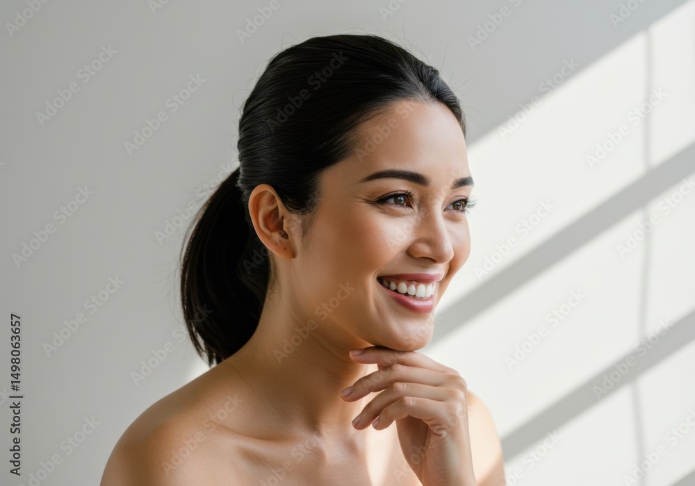 Happy young Asian woman with healthy glowing skin and bright smile looking away Happy young Asian woman with healthy glowing skin and bright smile looking away