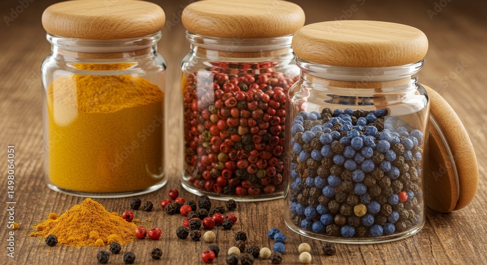 Aromatic Spice Jars on Wooden Surface - Glass jars filled with turmeric, red peppercorns, and blue peppercorns. Symbolizing warmth, flavor, health, abundance, and zest Aromatic Spice Jars on Wooden Surface - Glass jars filled with turmeric, red peppercorns, and blue peppercorns. Symbolizing warmth, flavor, health, abundance, and zest
