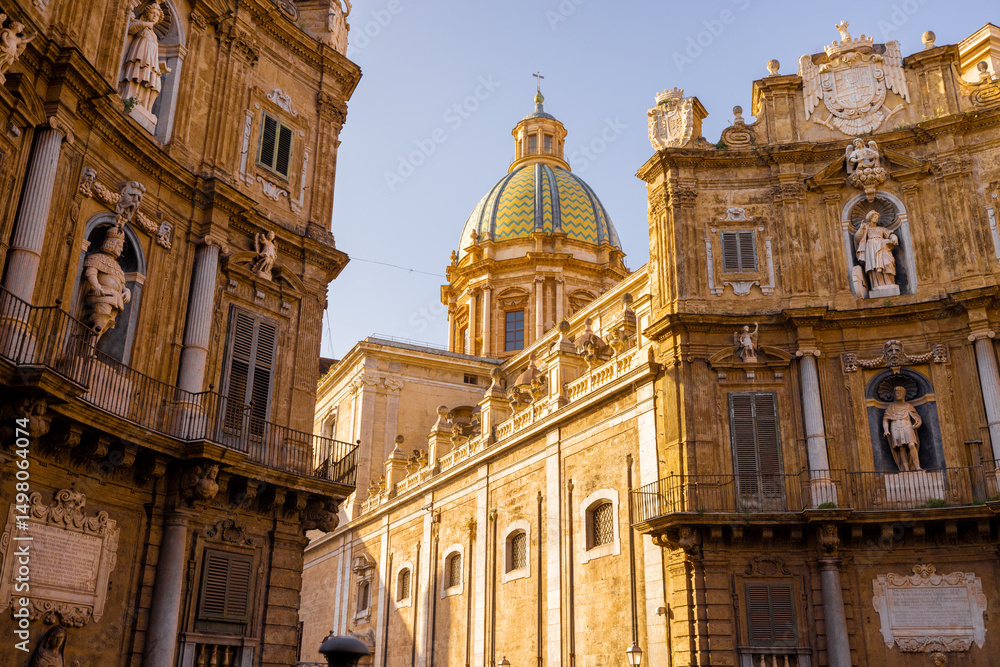 Obraz premium People stroll through Quattro Canti square in Palermo as golden light illuminates the baroque facades. This photo captures architectural elegance and the charm of urban exploration in Sicily