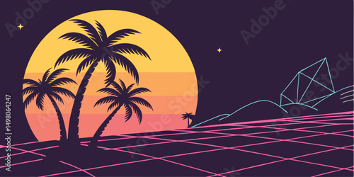 Retro sunset palms and geometric landscape with palm trees vector illustration