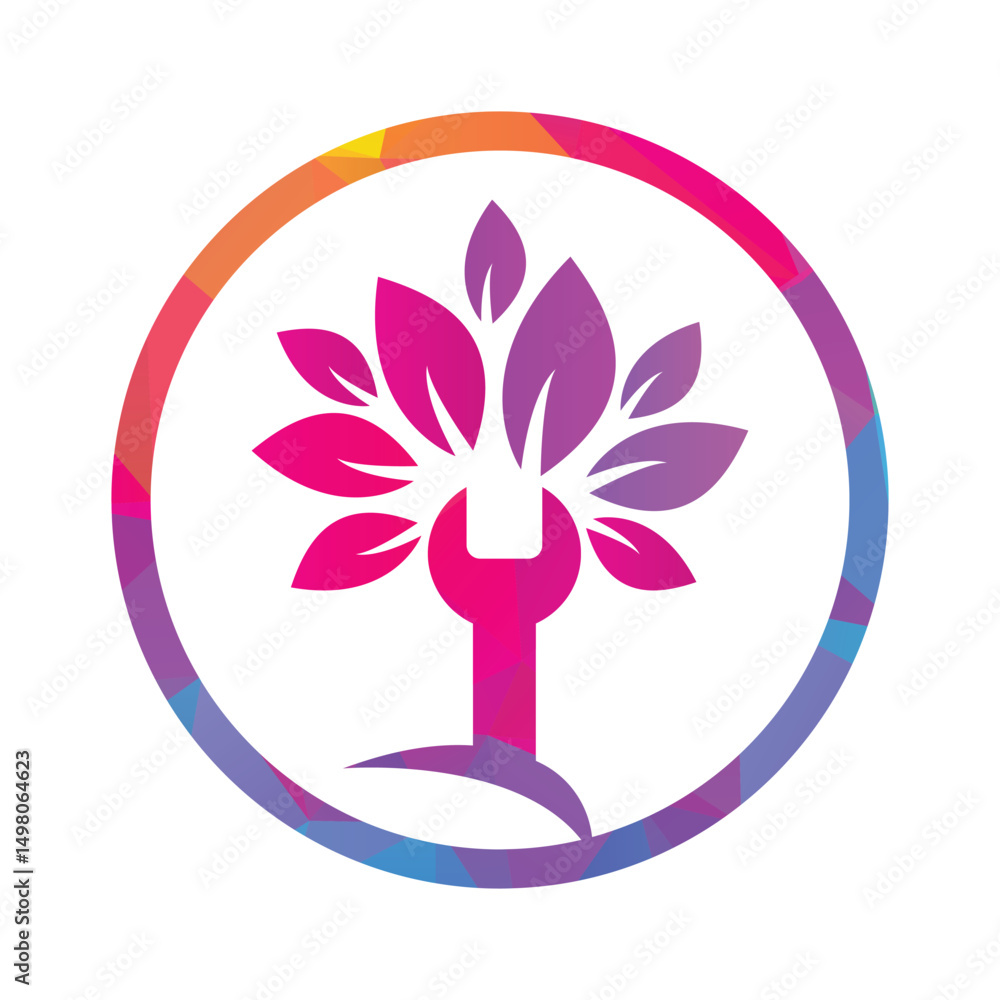 Fototapeta premium Wrench leaf vector logo design template. Repair service leaf nature logo design.