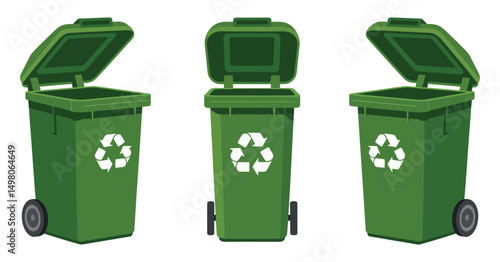 Three Green Recycling Bins with Open and Closed Lids for Waste Disposal and Recycling Programs