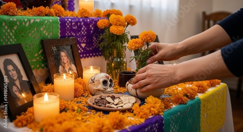 Colorful Day of the Dead altar with candles, marigold flowers, framed photos, sugar skull, food offerings, and hands arranging tribute