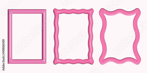 A set of rectangular 3D frames in the form of a pink wave. Cute, shiny liquid materials