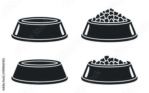 Empty and Full Pet Food Bowls Set Simple Black Icons Illustration