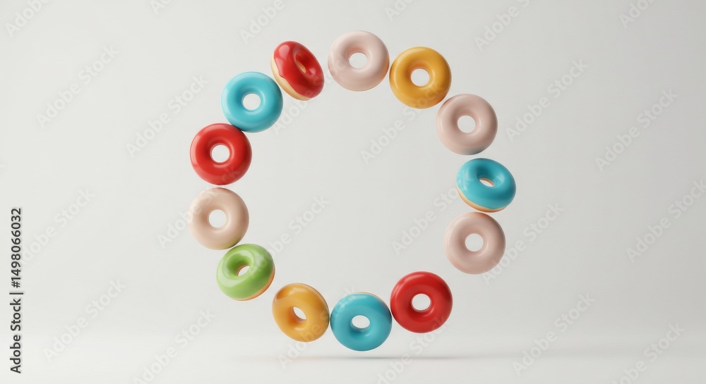 Colorful Donuts Circle - A circle of vibrant donuts in various colors against a white background. Perfect for food, fun, and playful themes Colorful Donuts Circle - A circle of vibrant donuts in various colors against a white background. Perfect for food, fun, and playful themes