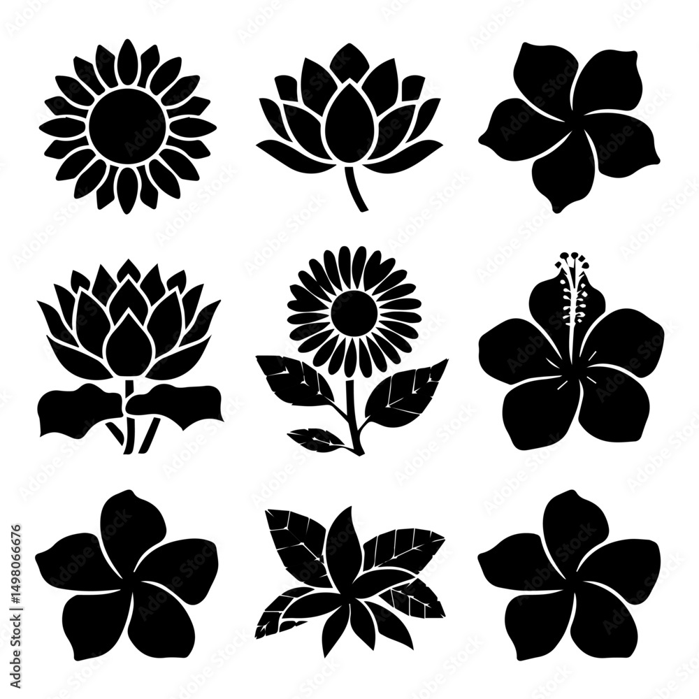 Obraz premium A collection of nine black floral silhouettes, including roses, hibiscus, lotus, sunflowers, and daisies, arranged in a grid on a white background, showcasing diverse flower shapes and styles.