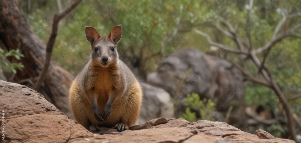 Rock wallaby in natural Queensland habitat, alert and watchful, active, animal Rock wallaby in natural Queensland habitat, alert and watchful, active, animal