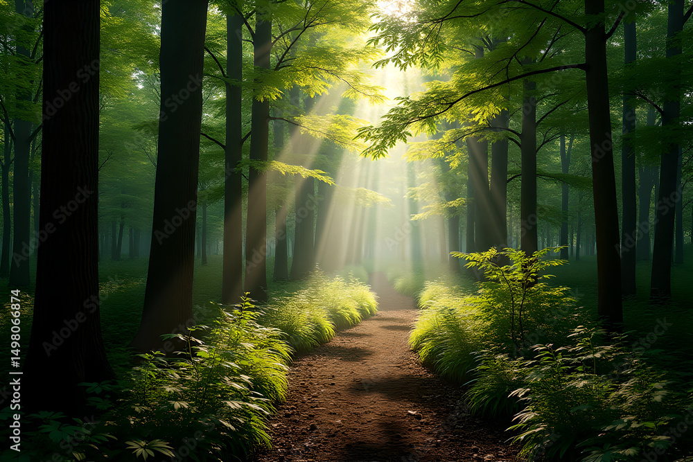 Obraz premium A forest thicket with sunlight streaming through the foliage onto the trail