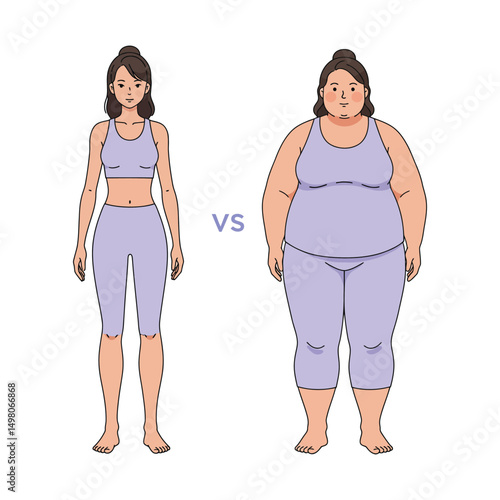 Fulllength standing portrait of female body losing weight Comparison of weight changes