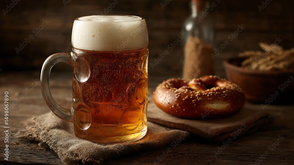 Frothy beer stein with a pretzel, rustic charm Frothy beer stein with a pretzel, rustic charm