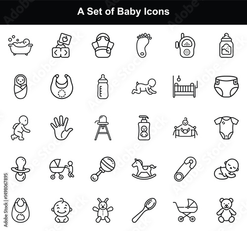 Baby Icon Set Outline Style, Newborn Items, Feeding, Toy, Safety Pin, Stroller