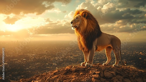 Majestic lion standing on cracked parched earth under a blazing sun