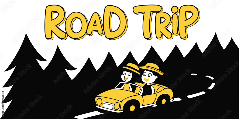 Fototapeta premium Cartoon road trip illustration with car and travelers against a mountain background