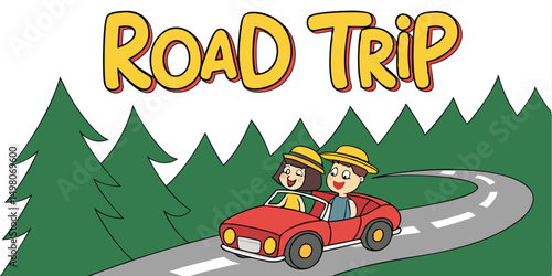 Colorful road trip illustration featuring couple in a convertible car with a white background