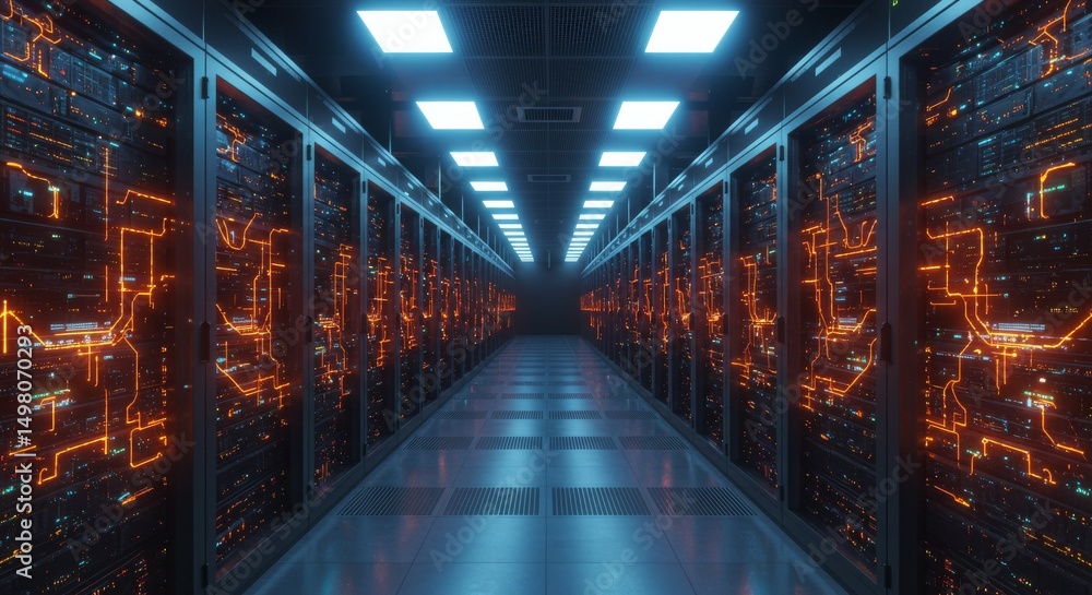 Glowing Data Center Corridor - Modern server room, technology, vibrant lights, network infrastructure, data processing Glowing Data Center Corridor - Modern server room, technology, vibrant lights, network infrastructure, data processing
