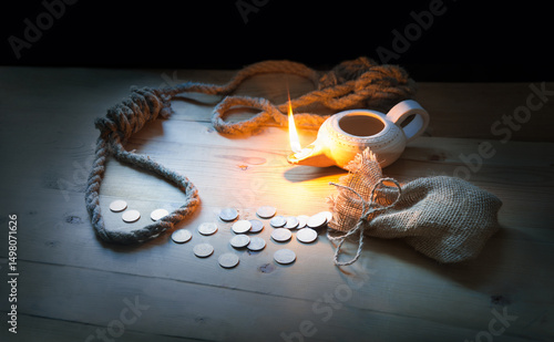 A loop made from old thick rope and coins