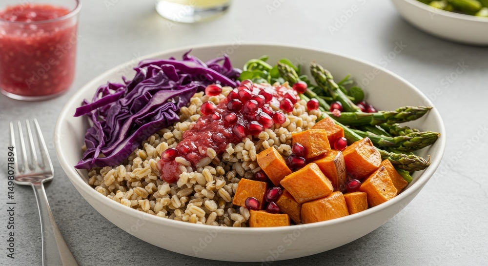 Healthy Grain Bowl with Roasted Sweet Potatoes and Asparagus - Vibrant and nutritious grain bowl featuring roasted sweet potatoes, asparagus, red cabbage, pomegranate seeds Healthy Grain Bowl with Roasted Sweet Potatoes and Asparagus - Vibrant and nutritious grain bowl featuring roasted sweet potatoes, asparagus, red cabbage, pomegranate seeds