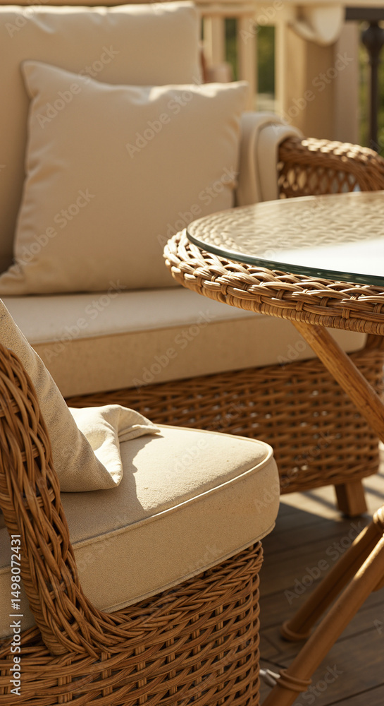 Fototapeta premium Cozy wicker patio furniture set with cushions on sunny deck 