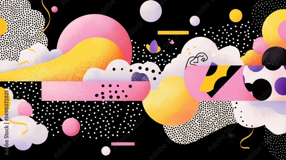 Fototapeta premium A vibrant abstract composition featuring geometric shapes, dots, and lines in a variety of colors.