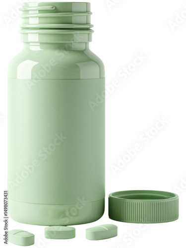 Pale Green Supplement Bottle Open with Three Pills Scattered on Transparent Backdrop Health Aid and Well Being Concept