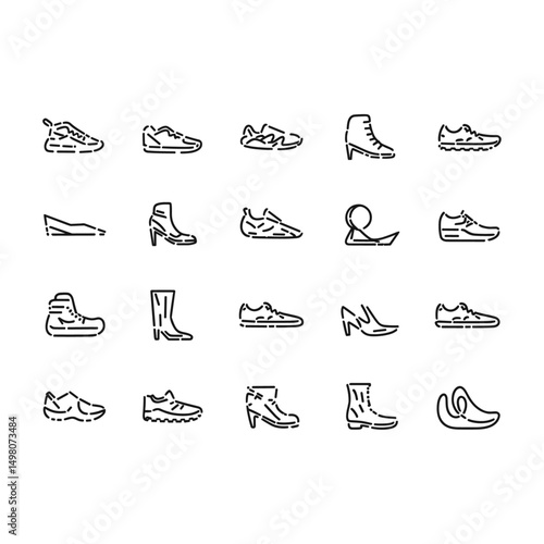 Hand drawn vector icons of fashionable footwear and accessories