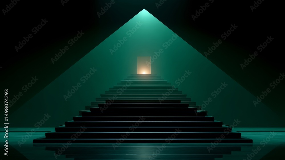 Naklejka premium Dark Pyramid Entrance with Eerie Light and Steps Leading to a Glowing Doorway
