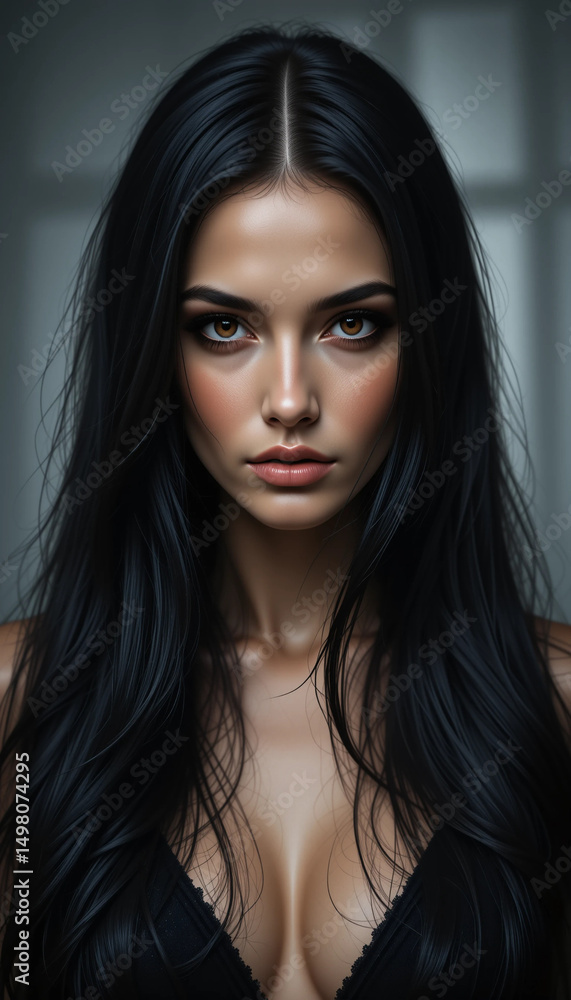 intense close-up portrait of a beautiful woman with long black hair and striking features
intense close-up portrait of a beautiful woman with long black hair and striking features