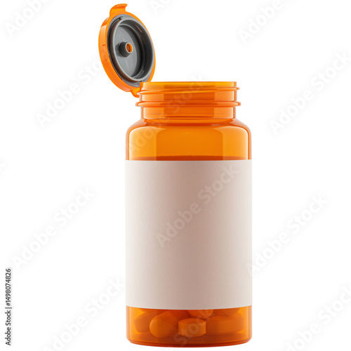 An Open Pill Container Mockup with Orange Lid and White Label Blank Isolated on a Transparent Backdrop