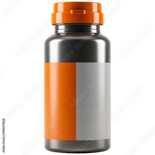 Silver Bottle with Orange Lid and Half Orange Label Represents a Health Supplement Isolated on Transparent Background