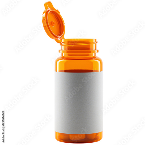 Bright Amber Pill Container with a Blank White Label for Supplement or Medication Isolated Against a Transparent Background