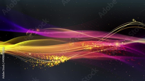 Colorful flowing light wave with glowing particles bokeh trail smooth neon lines, fantasy motion background. Abstract futuristic energy stream elegant glitter dust seamless loop animation. Perfect for